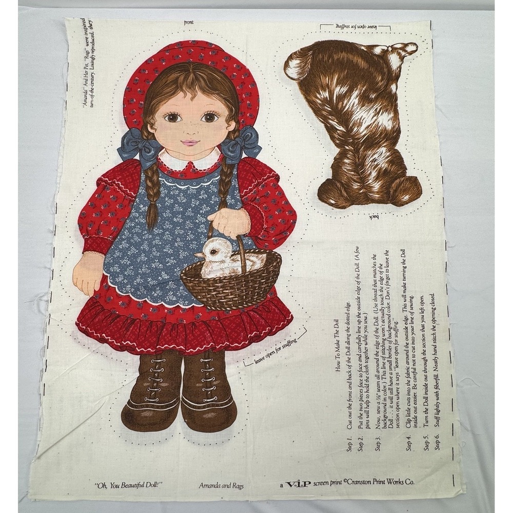 VTG 90s Cranston Amanda & Rags Dog Fabric Panel Cut & Sew Stuffed Doll‎ Pillow